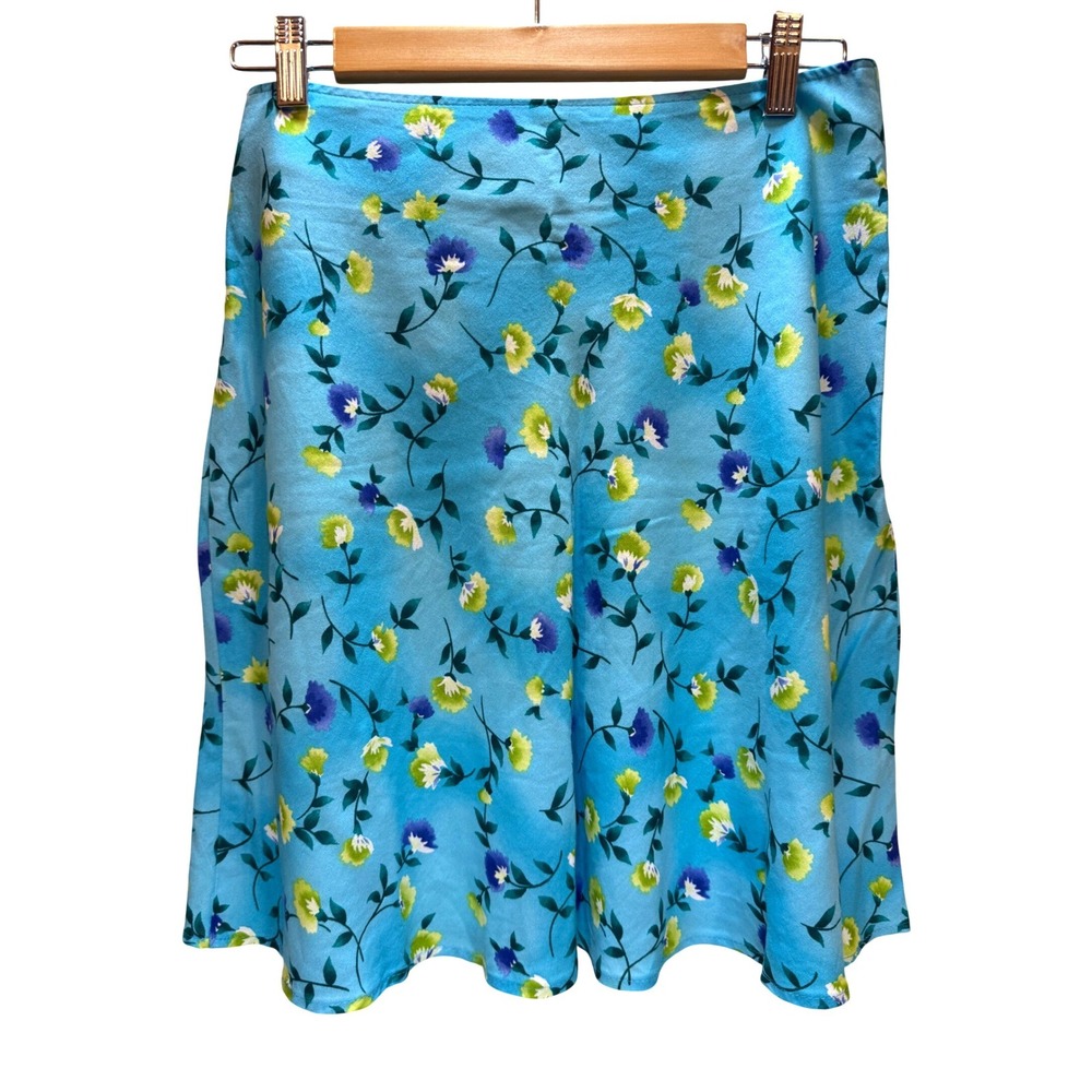 Floral A-Line‎ Skirt Women 10 Blue Rayon Midi Cottage Feminine Summer Retro 90s